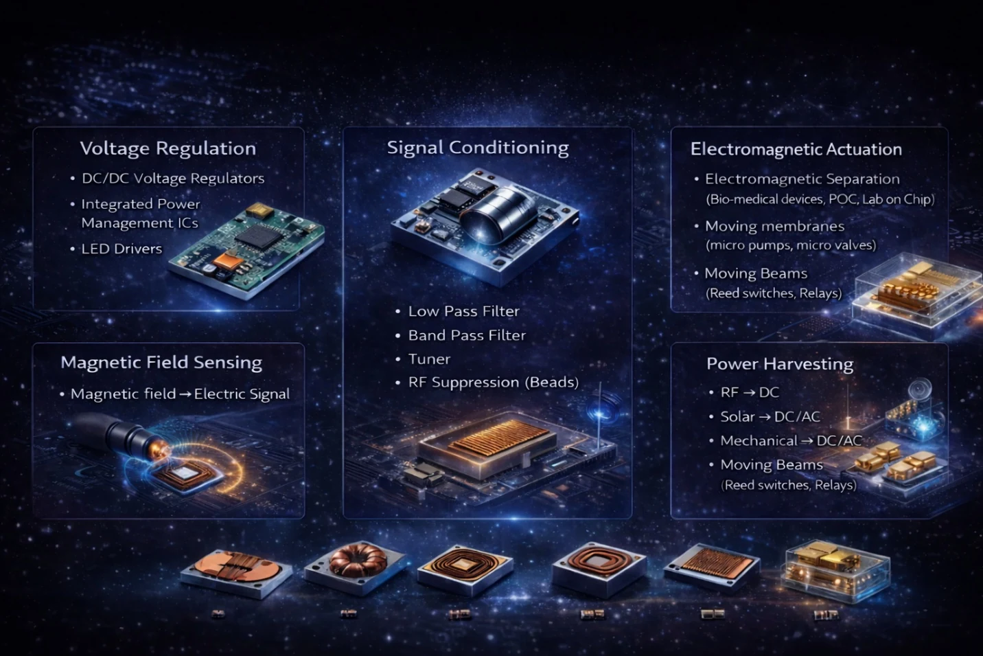 Application areas including power regulation, filtering, sensing, actuation, and harvesting.